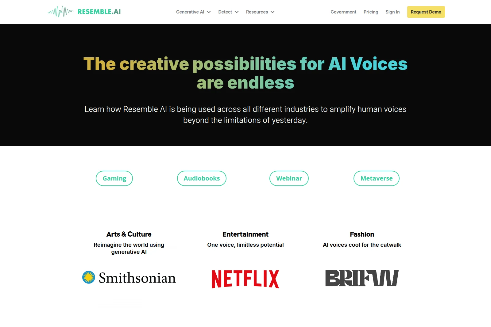 Resemble AI marketing page showcasing the endless creative possibilities for AI voices across industries like gaming and entertainment, featuring partner logos.
