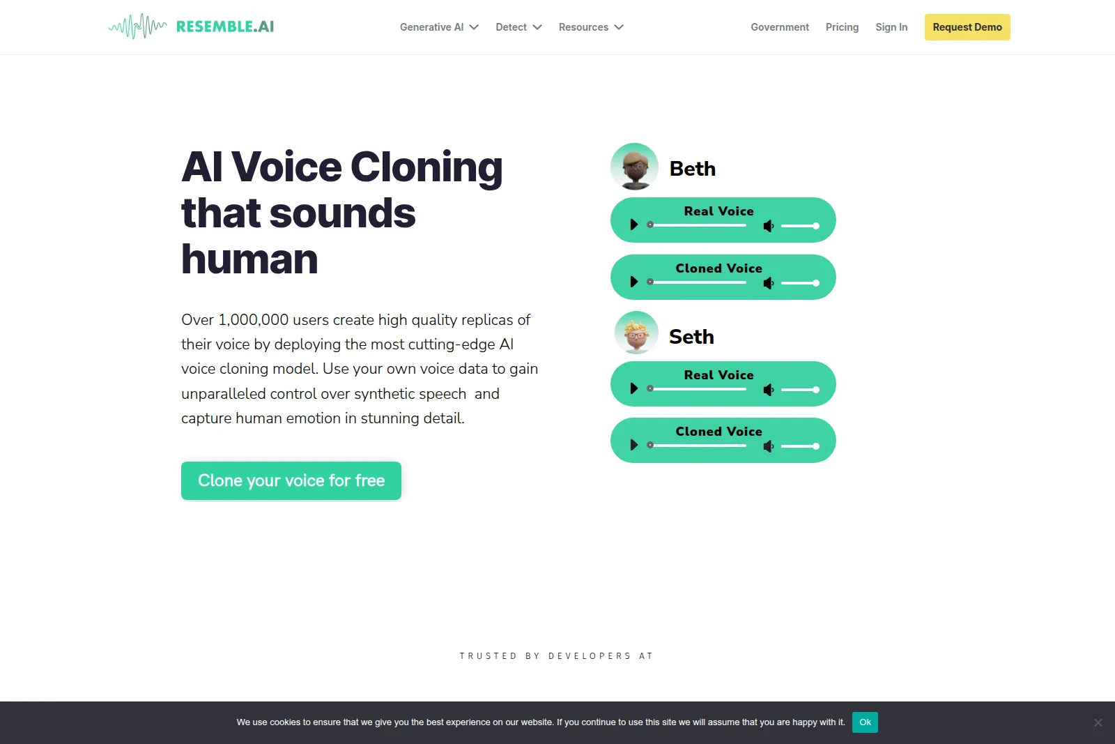 Resemble AI product page demonstrating real and AI-cloned voices for Beth and Seth with an interactive, clean interface.