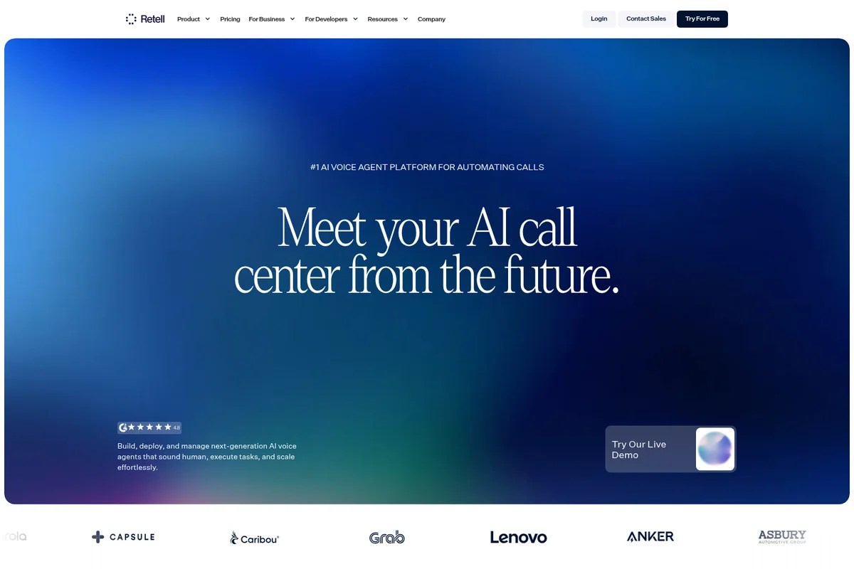 Retell AI homepage