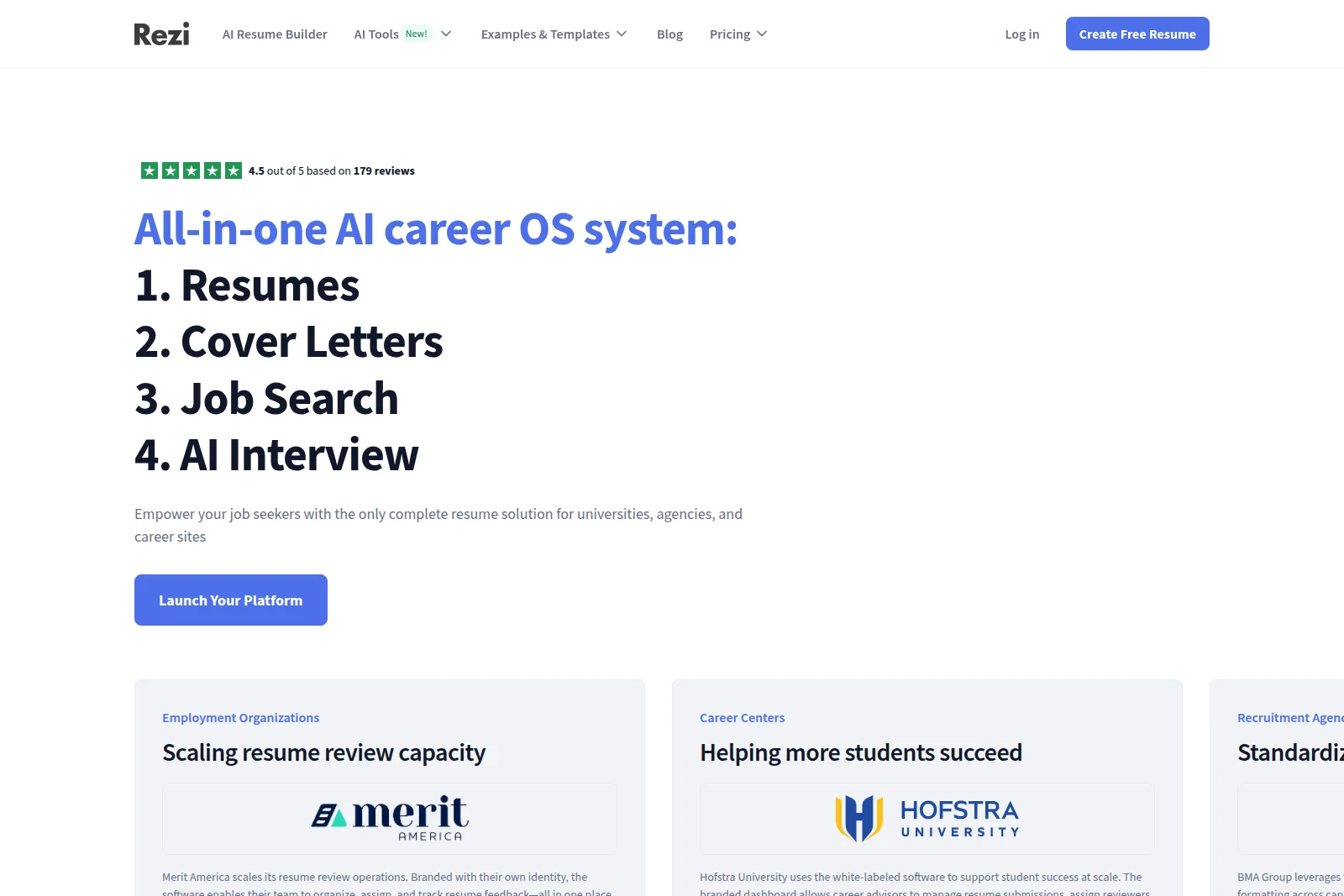 Rezi landing page hero showcasing the all-in-one AI career OS system for resumes, cover letters, job search, and AI interview features with a clean, modern interface.
