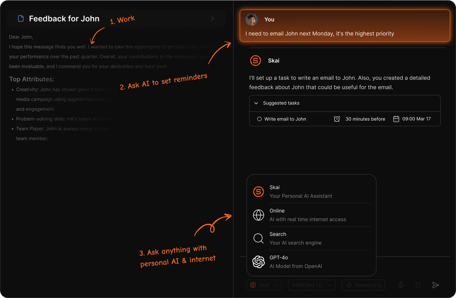 Saner AI workspace UI showing AI assistant Skai setting email reminders based on document context in a dark theme.
