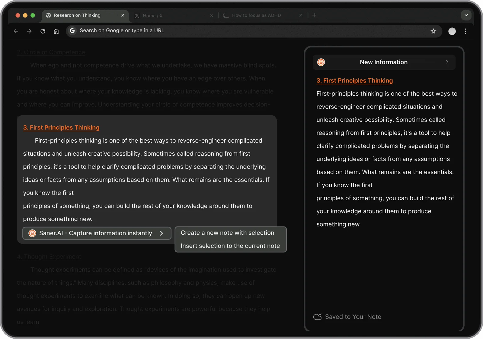 Saner.AI web clipper workspace showing selected text being saved to a note in a dark-mode interface.
