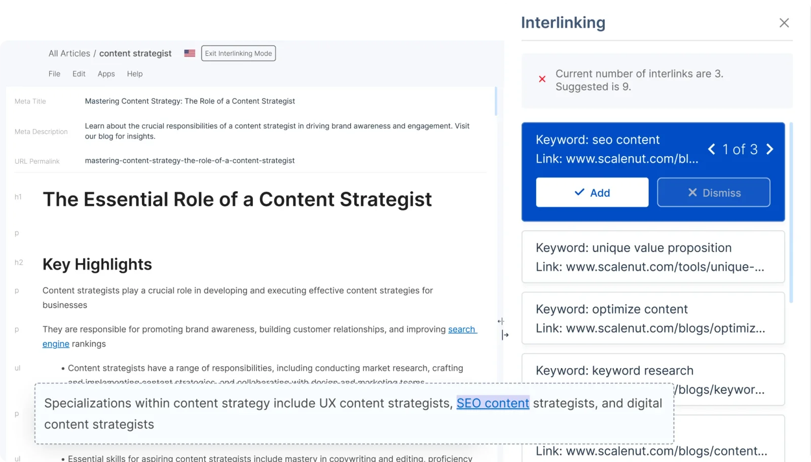 Scalenut content editor workspace showing AI-powered interlinking suggestions for SEO optimization with a clean interface.
