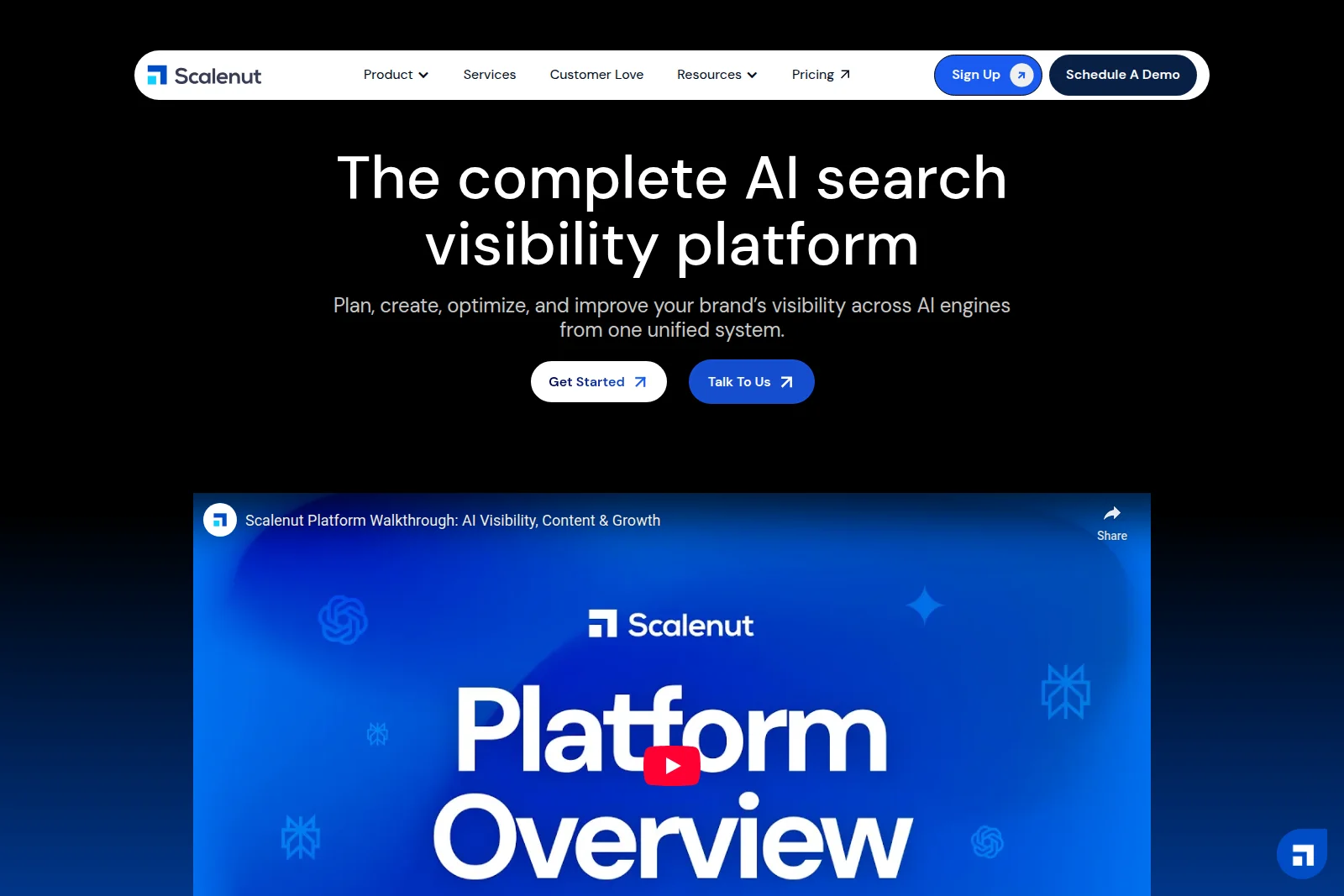 Scalenut landing page promoting its AI search visibility platform with a vibrant overview video thumbnail.
