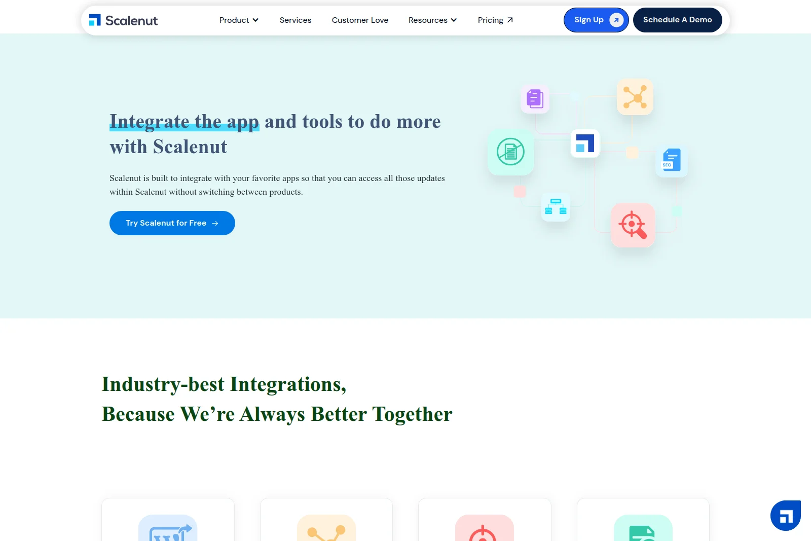 Scalenut integrations page showing connected app icons and a call to action in a clean, modern design.