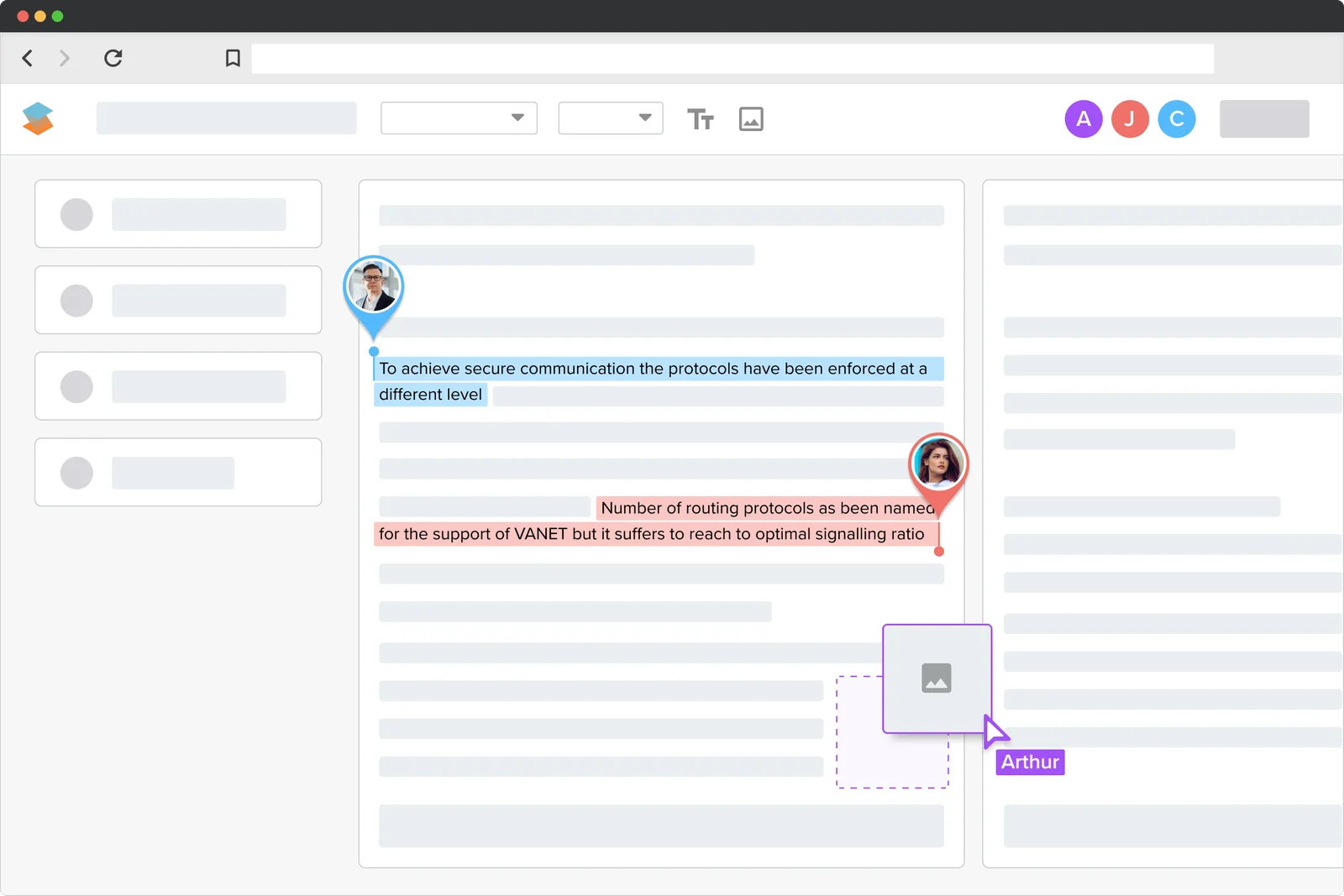 SciSpace document editor showing highlighted text with user comments and a user dragging an image to insert into the document in a clean UI.