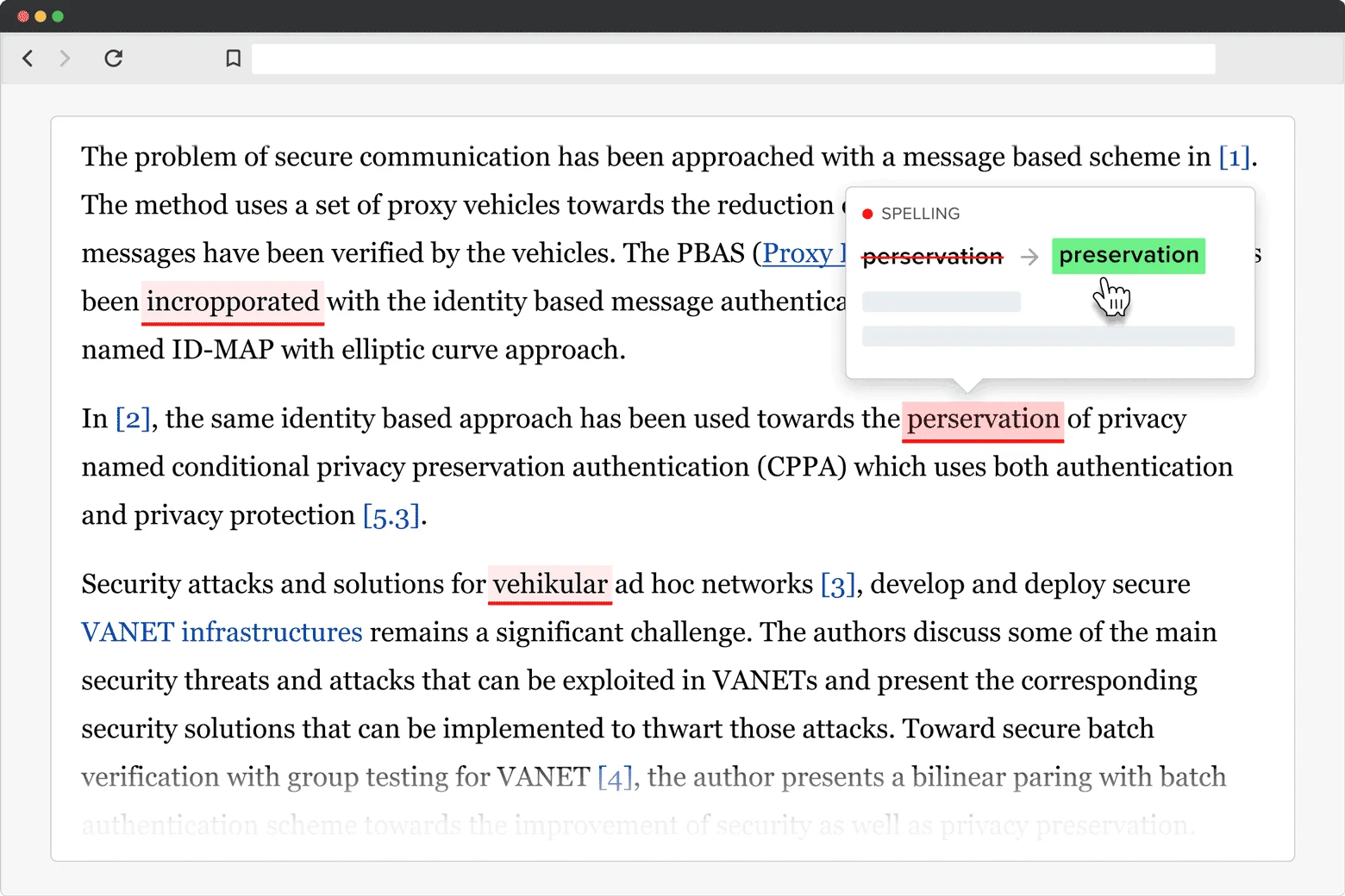 SciSpace document editor showing AI-powered spelling correction suggestions in a clean web interface.