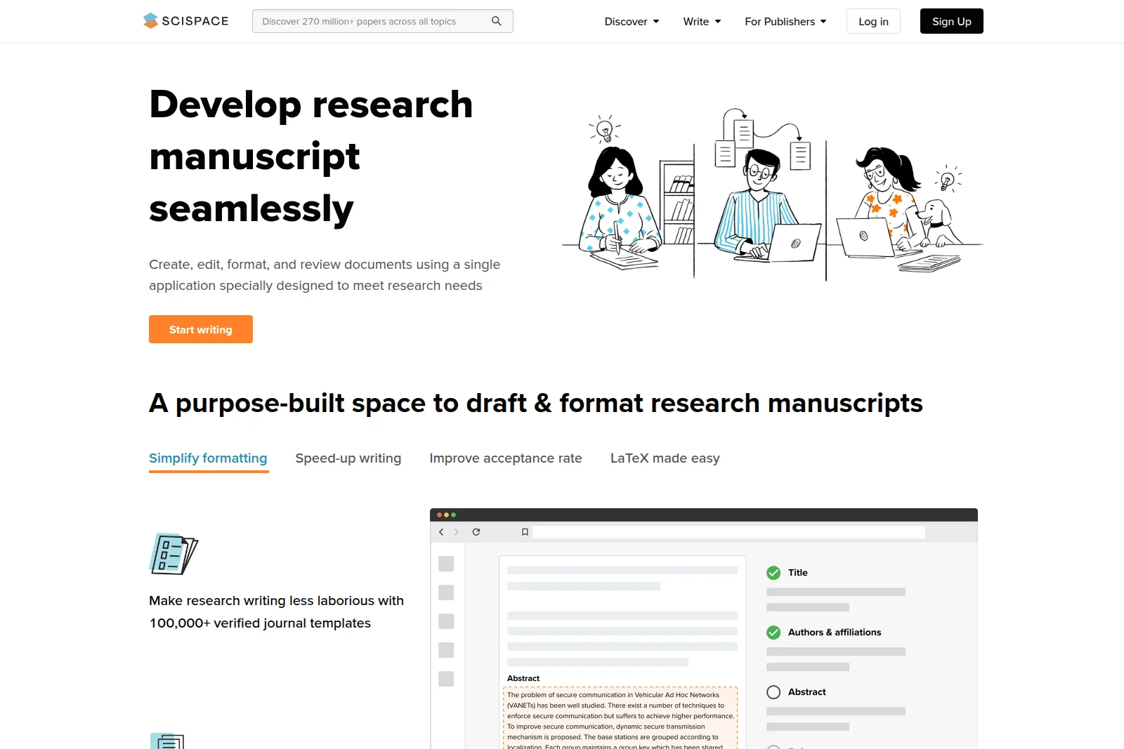 SciSpace research manuscript editor showing simplified formatting options and 100,000+ journal templates in a clean, modern interface.