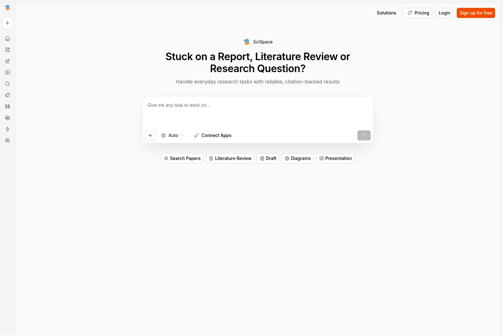 SciSpace homepage showing the AI-powered research assistant with a central prompt input and task suggestions in a minimalist light theme.