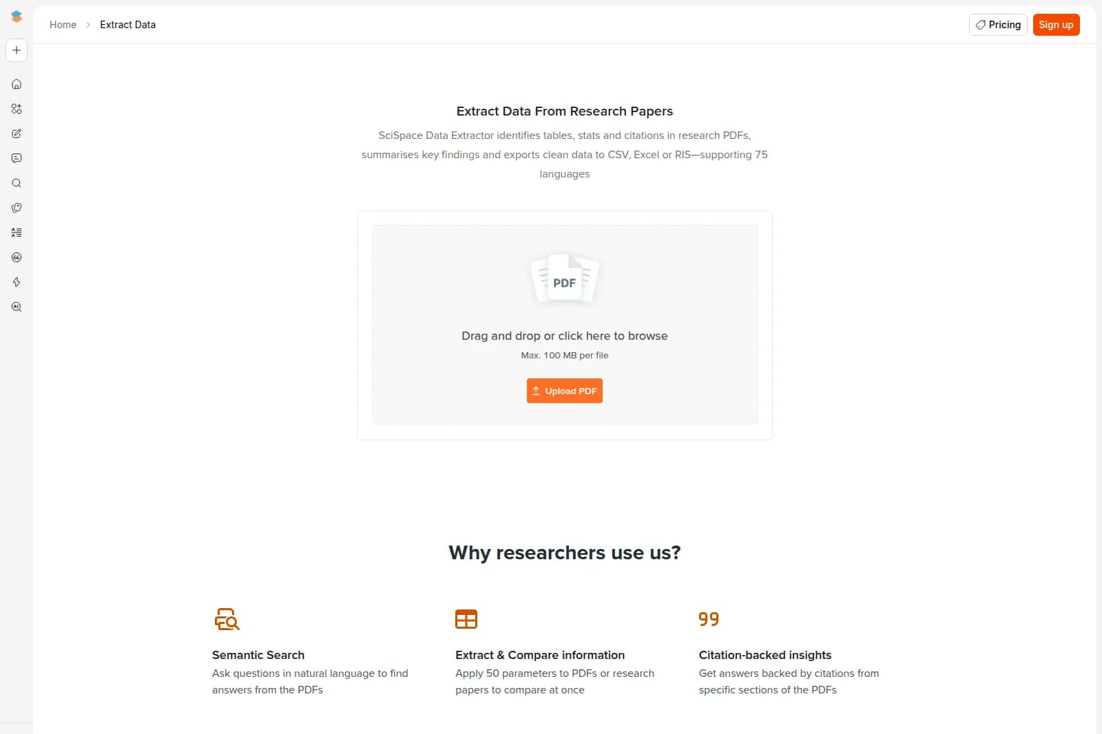SciSpace Extract Data workspace showing the PDF upload interface with a clean light theme.