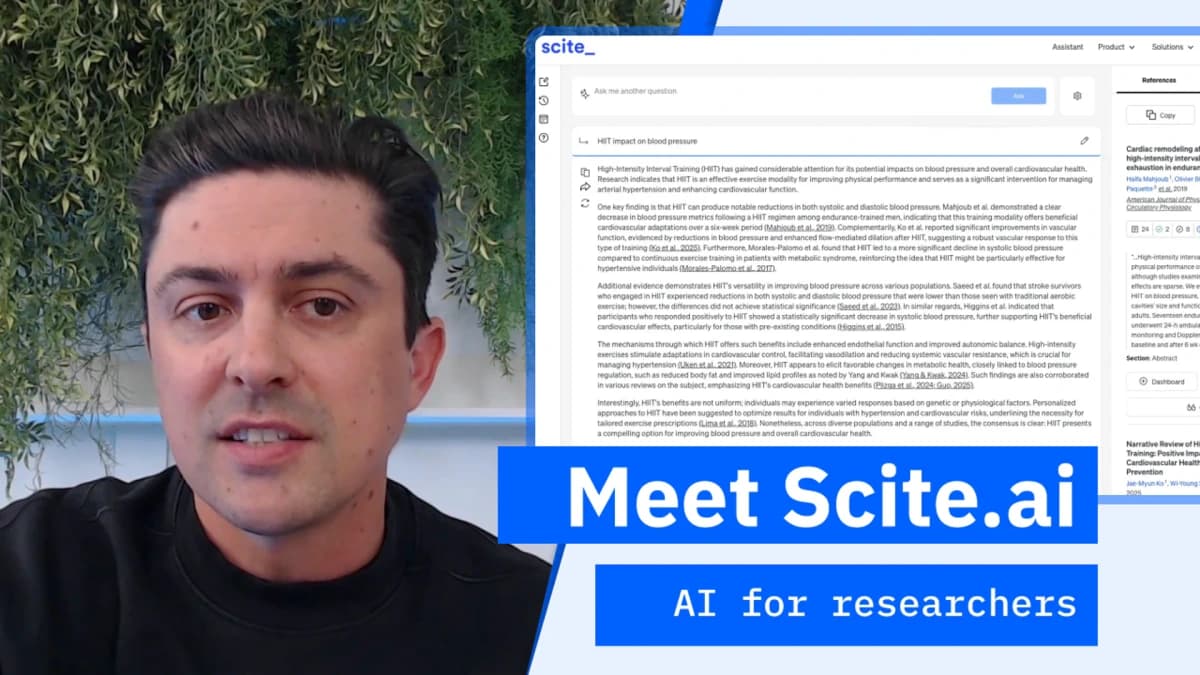 Scite.ai AI research assistant workspace displaying a question and detailed summarized research findings with a clean UI and a speaker overlay.