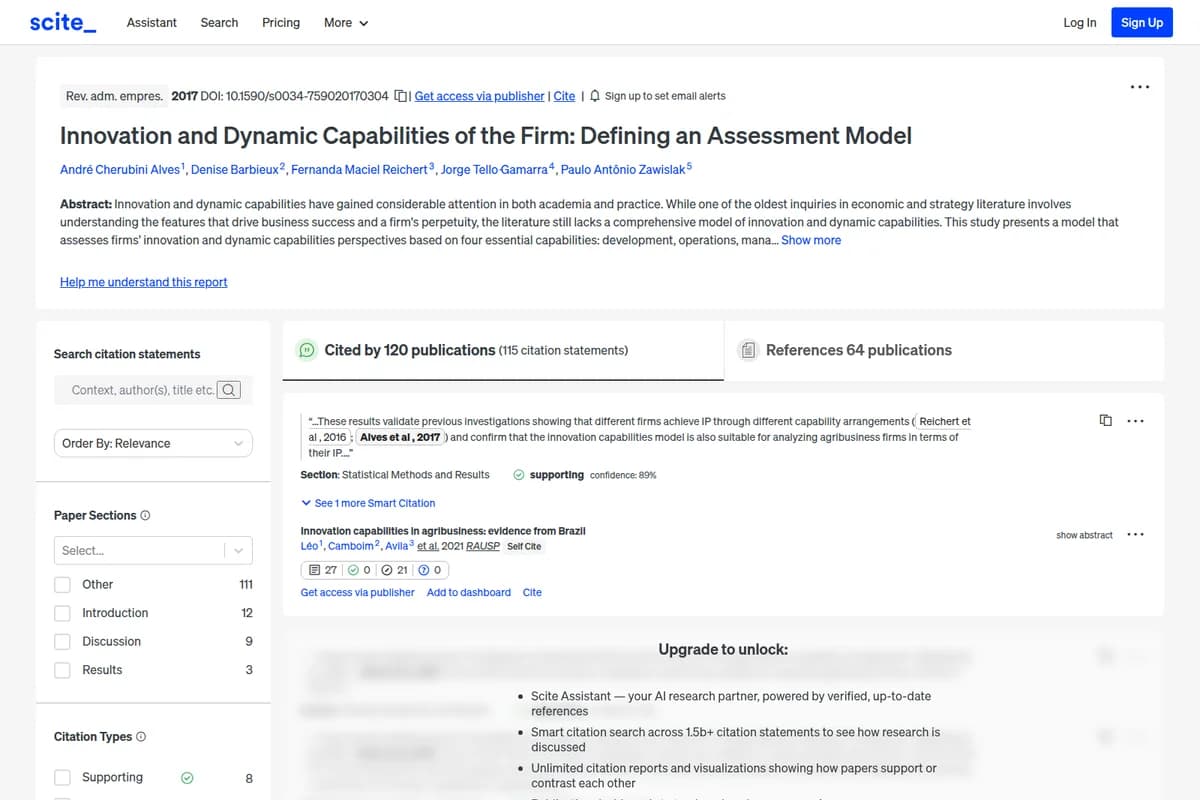 Scite research paper analysis page displaying smart citation statements and publication details within a clean, professional interface.