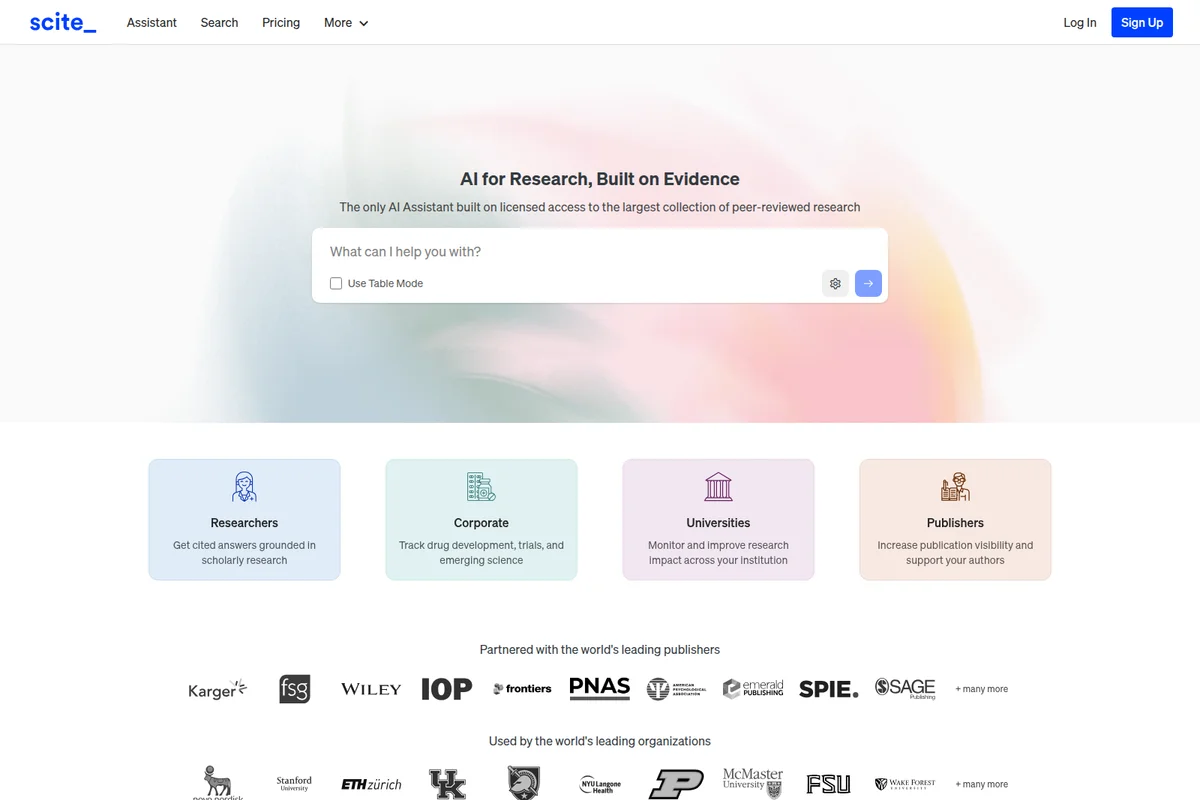 Scite homepage featuring the AI assistant prompt, 'What can I help you with?', for peer-reviewed research, set against a soft, abstract gradient background.