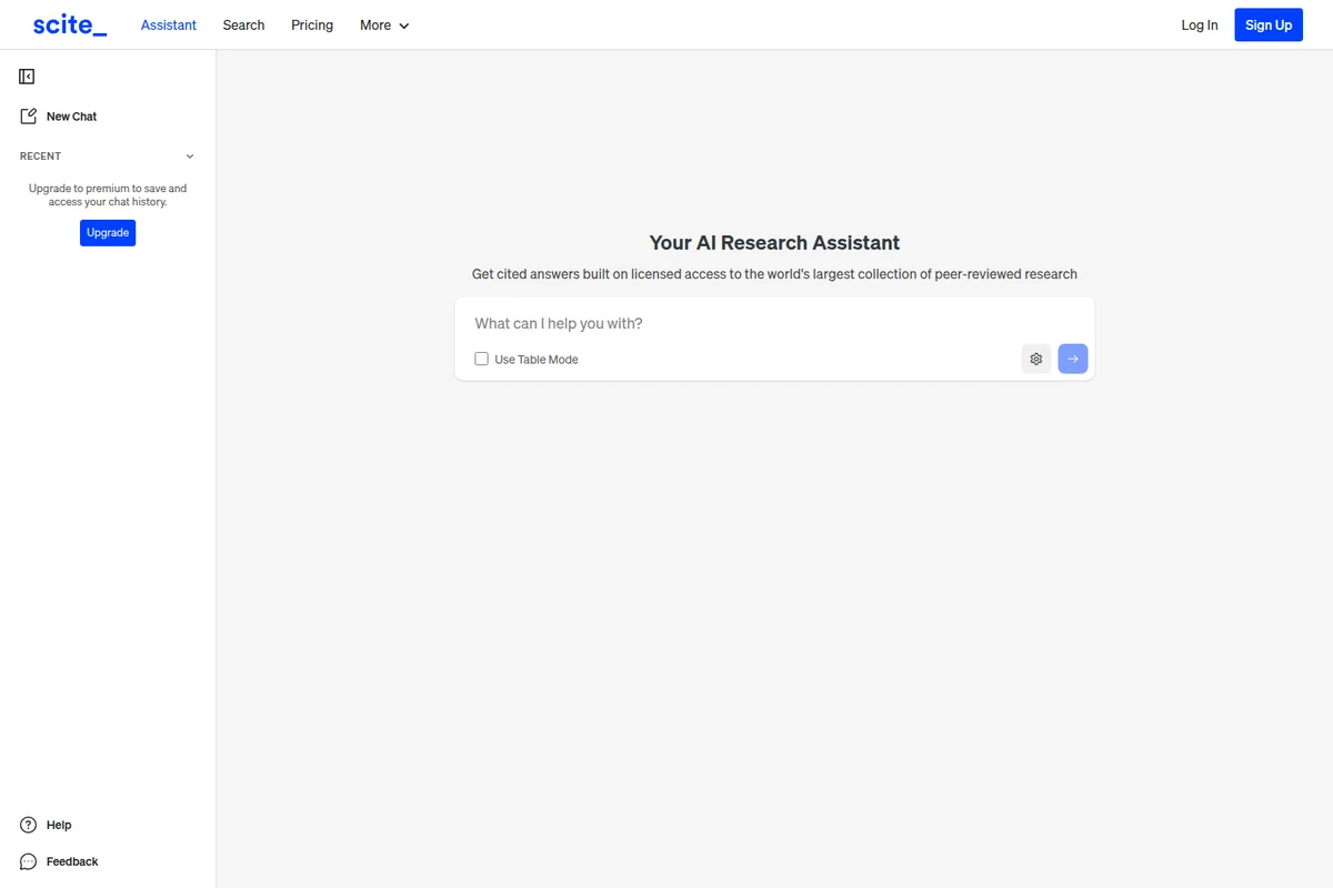 Scite AI Research Assistant workspace showing the chat input with 'What can I help you with?' prompt and 'Use Table Mode' option.
