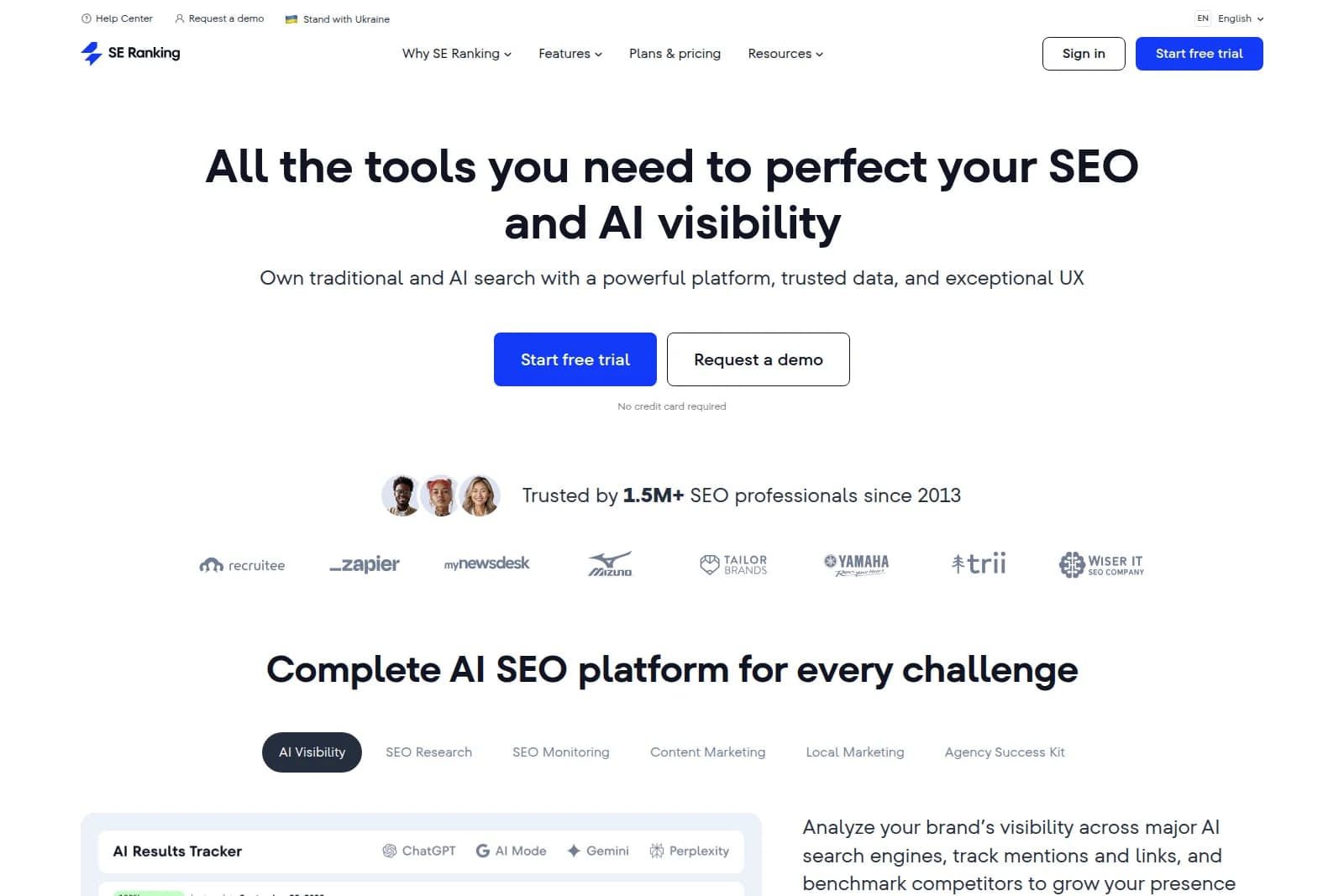 SE Ranking homepage hero section featuring the main headline, call-to-action buttons, and logos of trusted brands and professionals.
