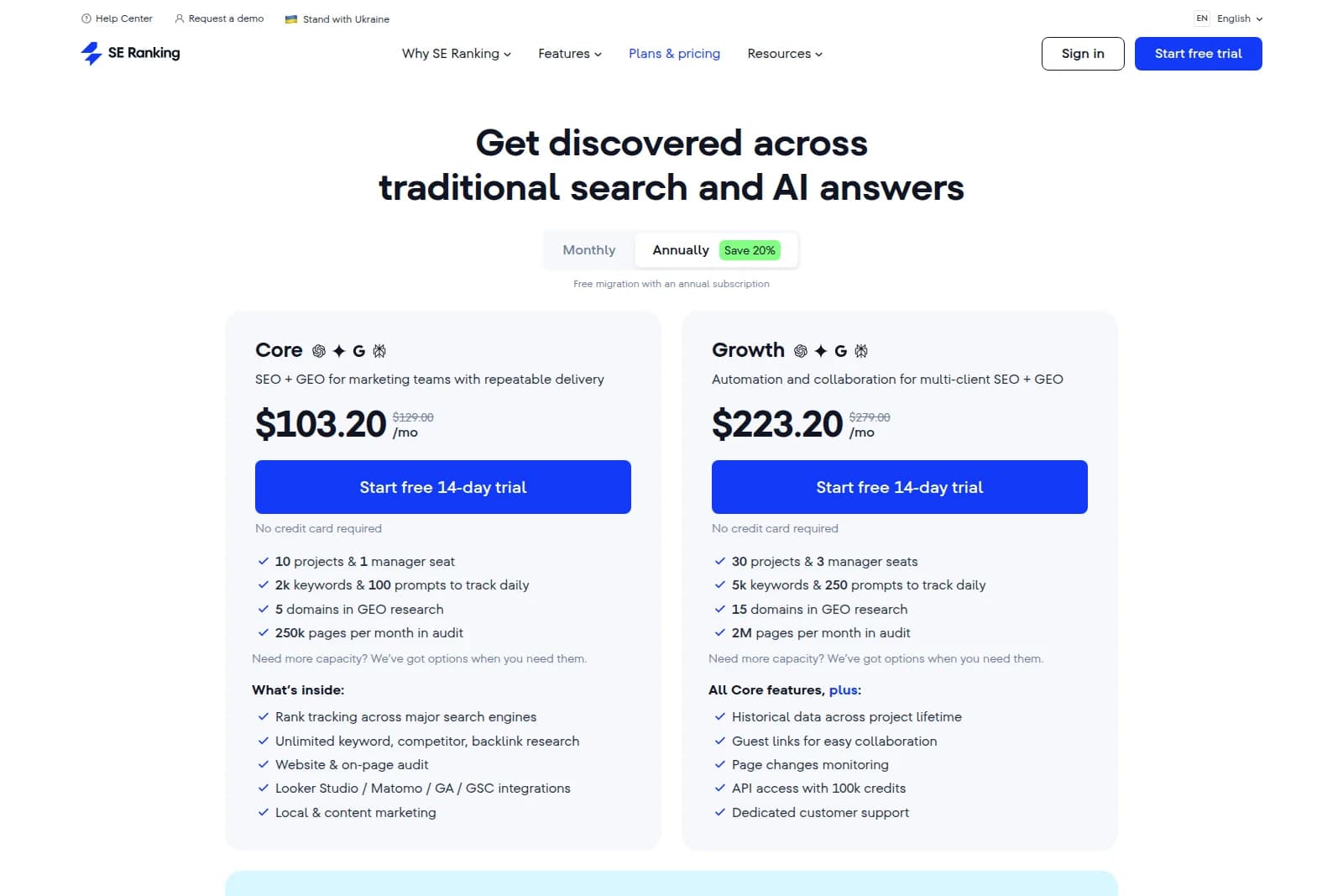 SE Ranking pricing page showing Core and Growth plans with a clean light interface.