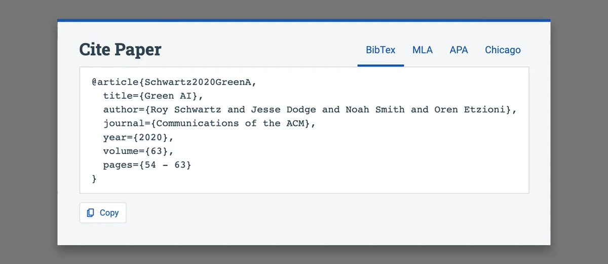 Semantic Scholar citation feature displaying BibTex code for 'Green AI' paper with a clean, light-themed interface.