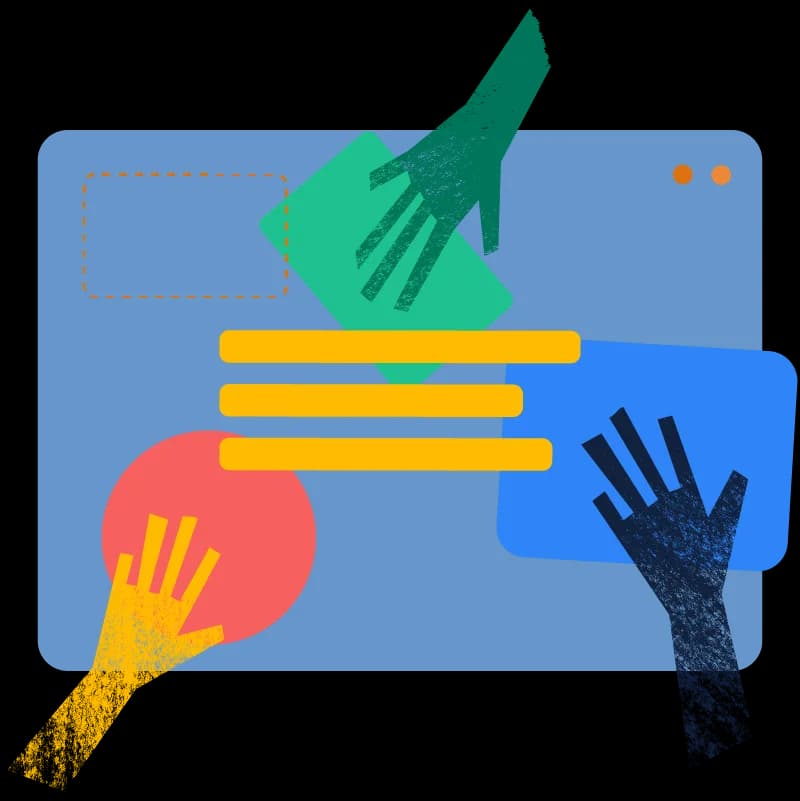 Semantic Scholar conceptual illustration showing abstract hands interacting with UI elements in a light blue application window.