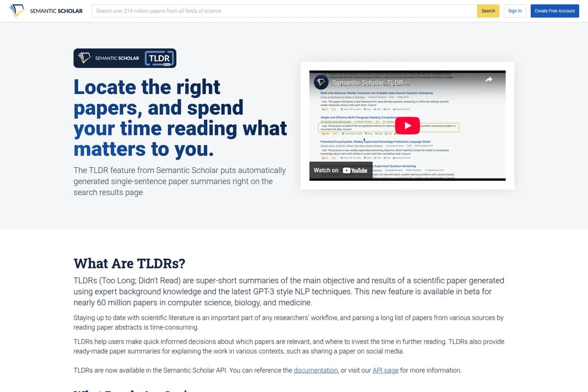 Semantic Scholar feature page for TLDRs showing a video demonstrating AI-generated summaries in search results.