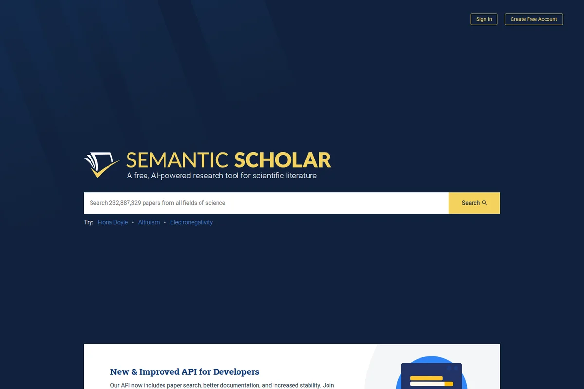 Semantic Scholar homepage showing the AI-powered scientific literature search bar with a dark-themed interface.