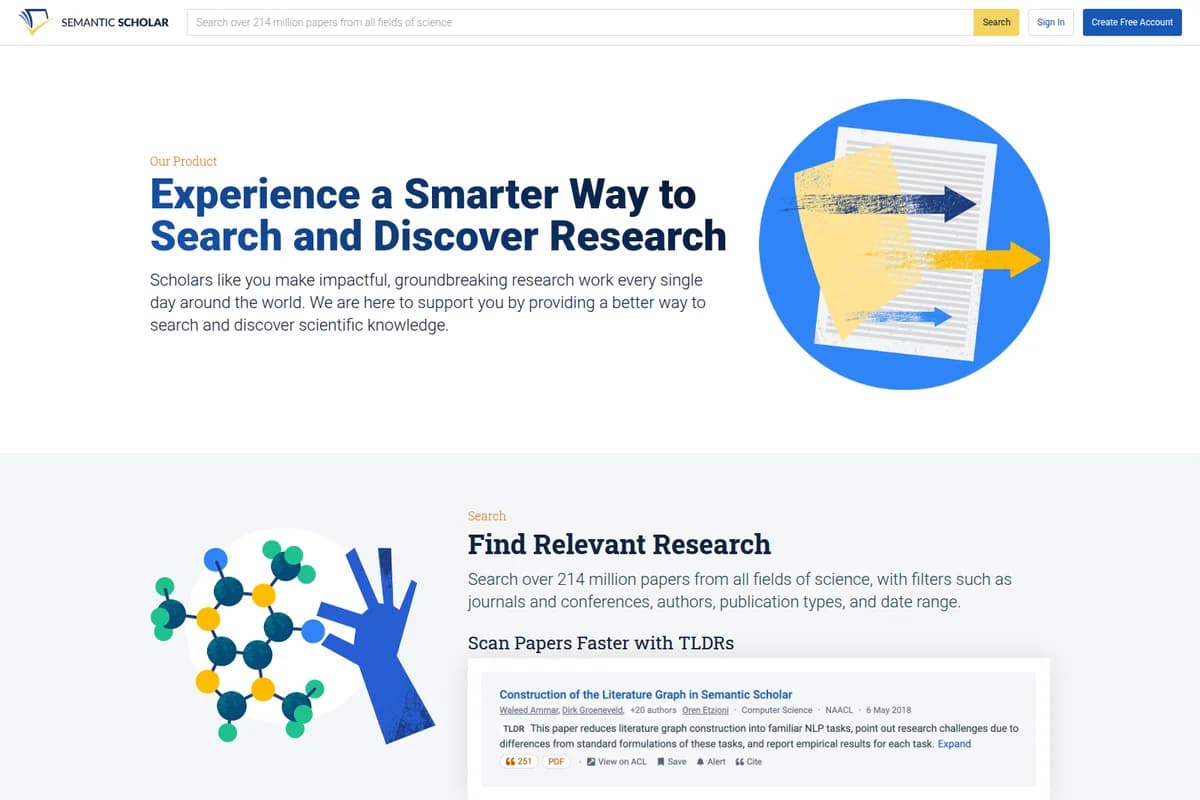 Semantic Scholar homepage featuring intelligent search and discovery for research, with graphic illustrations and a paper snippet with TLDRs.