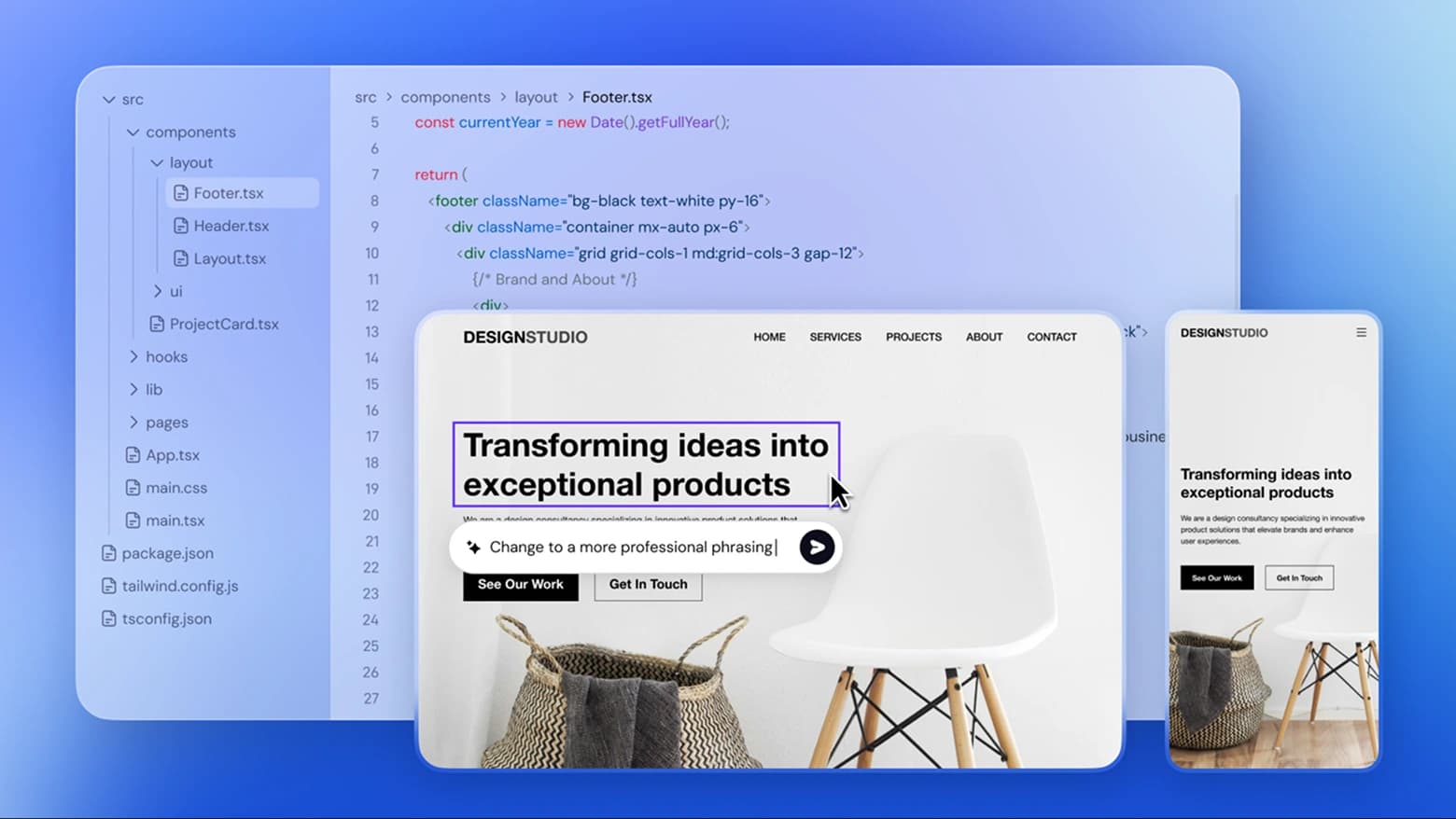 Sider AI workspace showing code editing and live website previews with an AI content suggestion in a modern development interface.