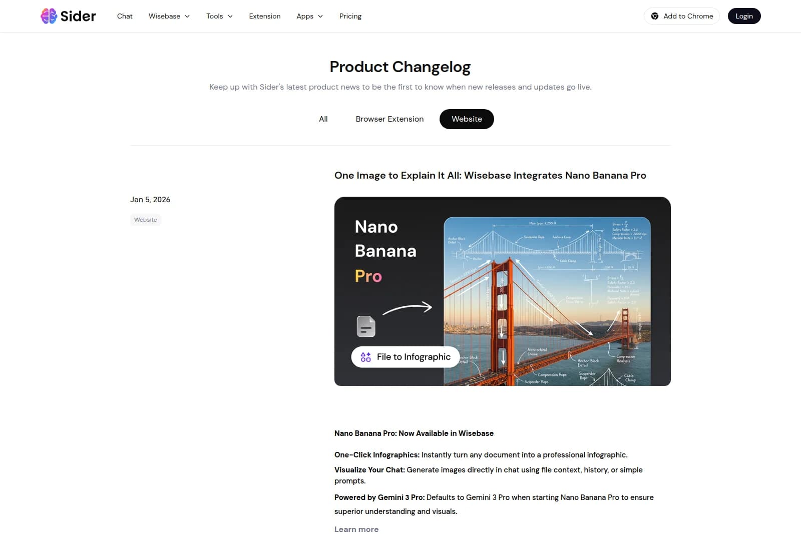 Sider AI feature deep-dive showing Nano Banana Pro converting a file into an infographic with a dark-mode interface and a Golden Gate Bridge blueprint example.