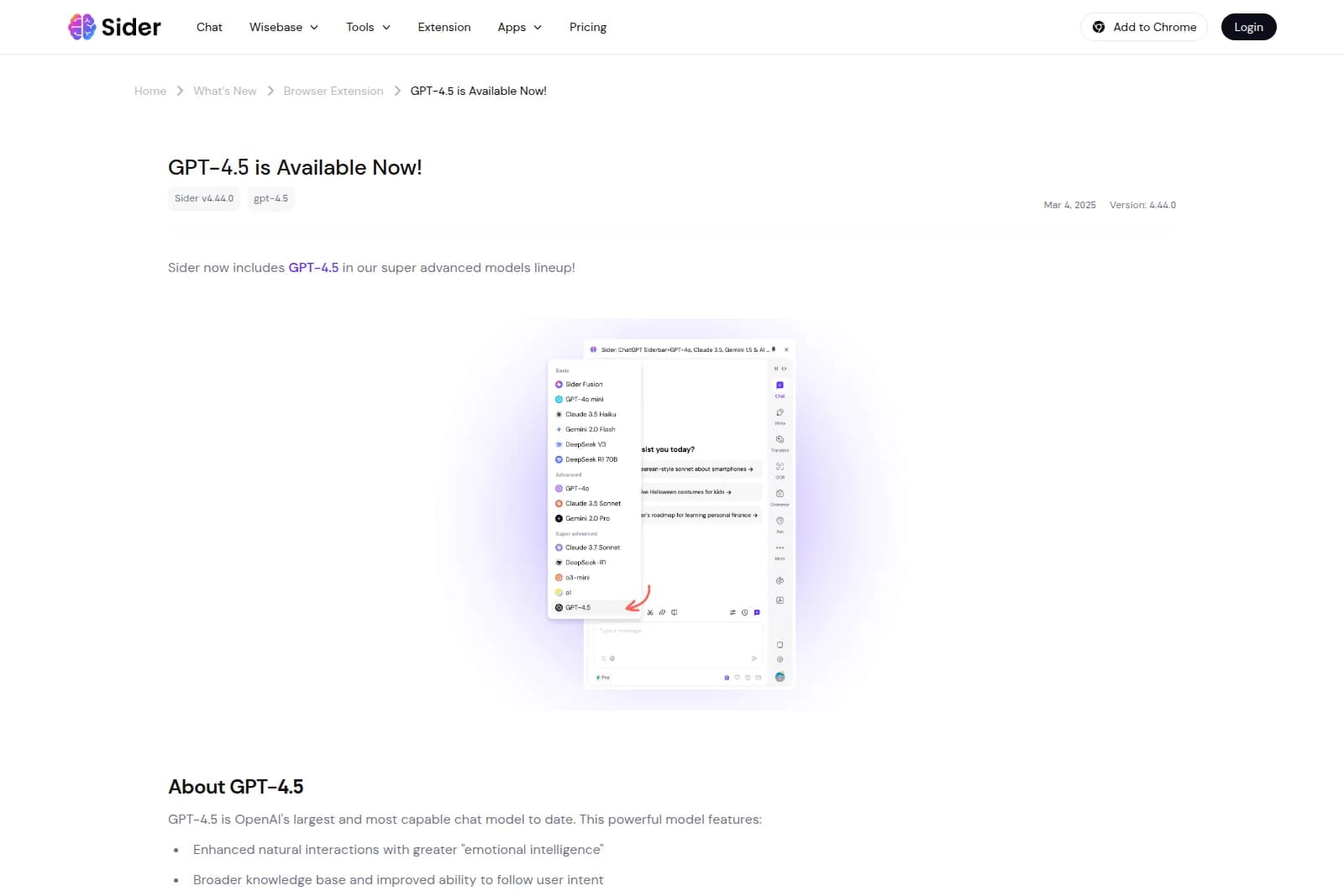 Sider AI feature announcement page showing the browser extension UI with GPT-4.5 model selected in a clean light theme.