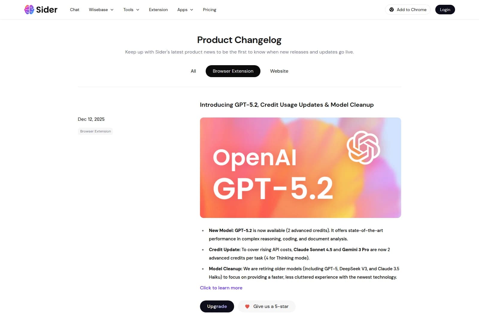 Sider product changelog announcing GPT-5.2 model integration with a vibrant OpenAI graphic and update details.