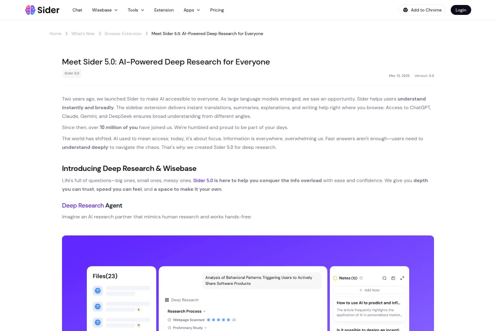 Sider AI workspace showing organized deep research files, analysis processes, and notes in a clean light-mode interface.