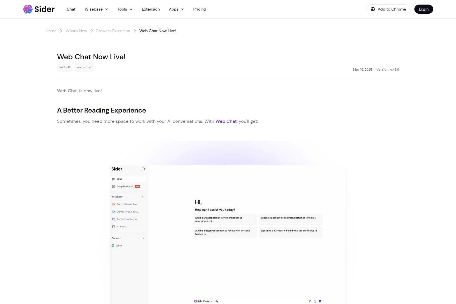 Sider AI web chat interface showing AI conversation prompts and sidebar navigation with a clean, light-themed interface for enhanced reading.