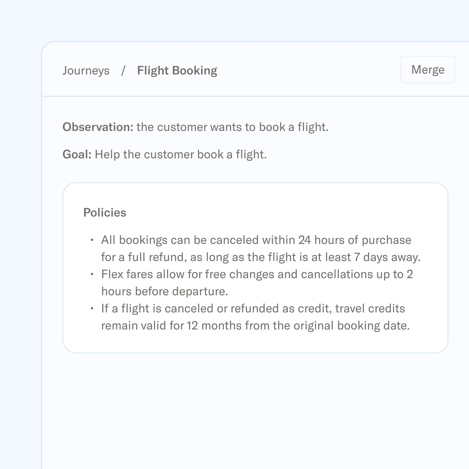 Sierra AI product UI displaying flight booking cancellation and refund policies in a clean, modern interface.