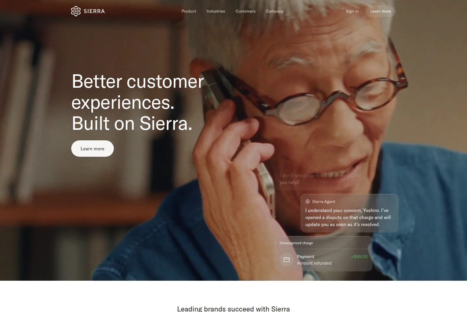 Sierra AI landing hero showing an AI agent resolving a customer's unrecognized charge with a glassmorphic chat interface.