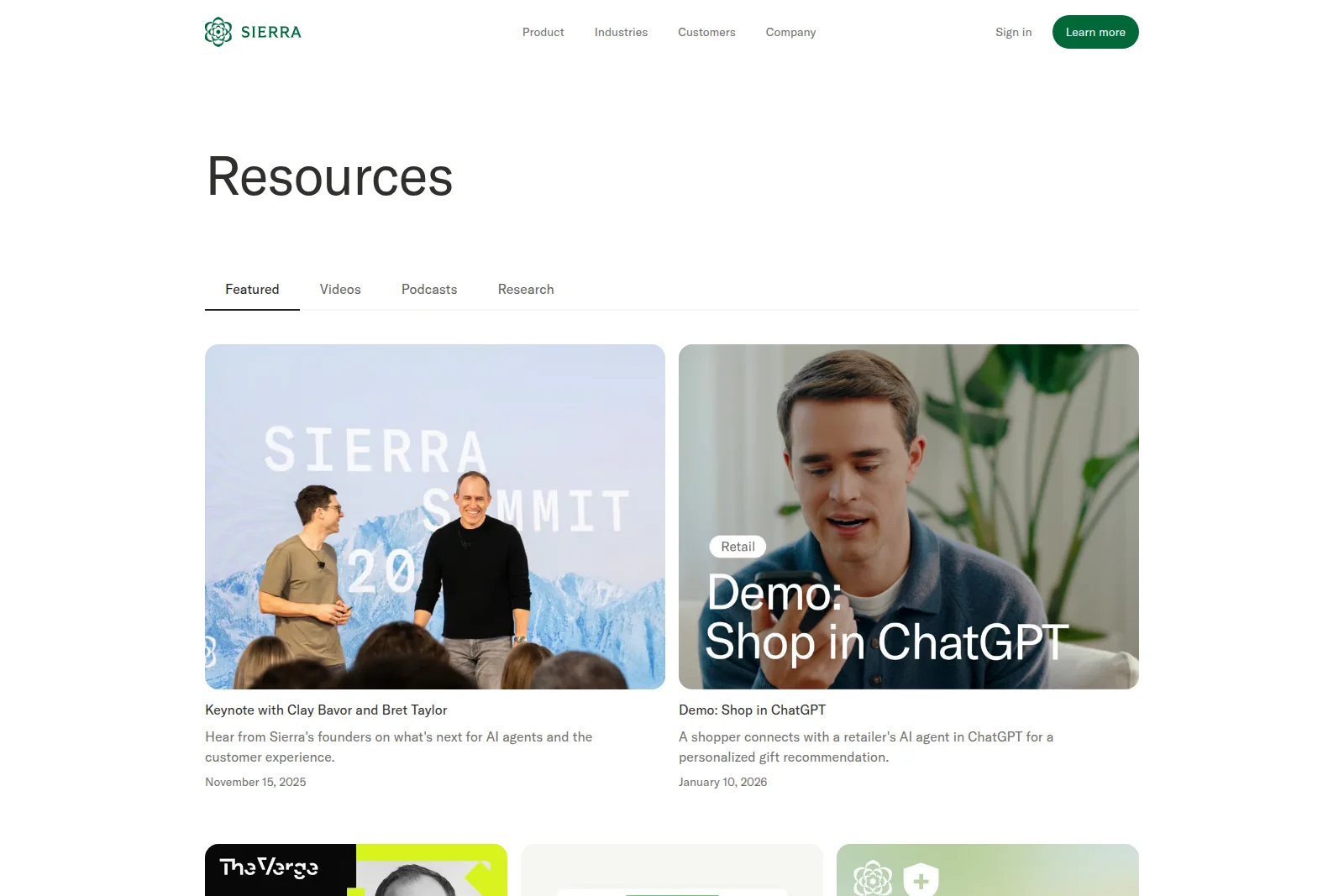 Sierra AI resources page showcasing a keynote with founders Clay Bavor and Bret Taylor, and a demo of an AI agent assisting with shopping in ChatGPT.