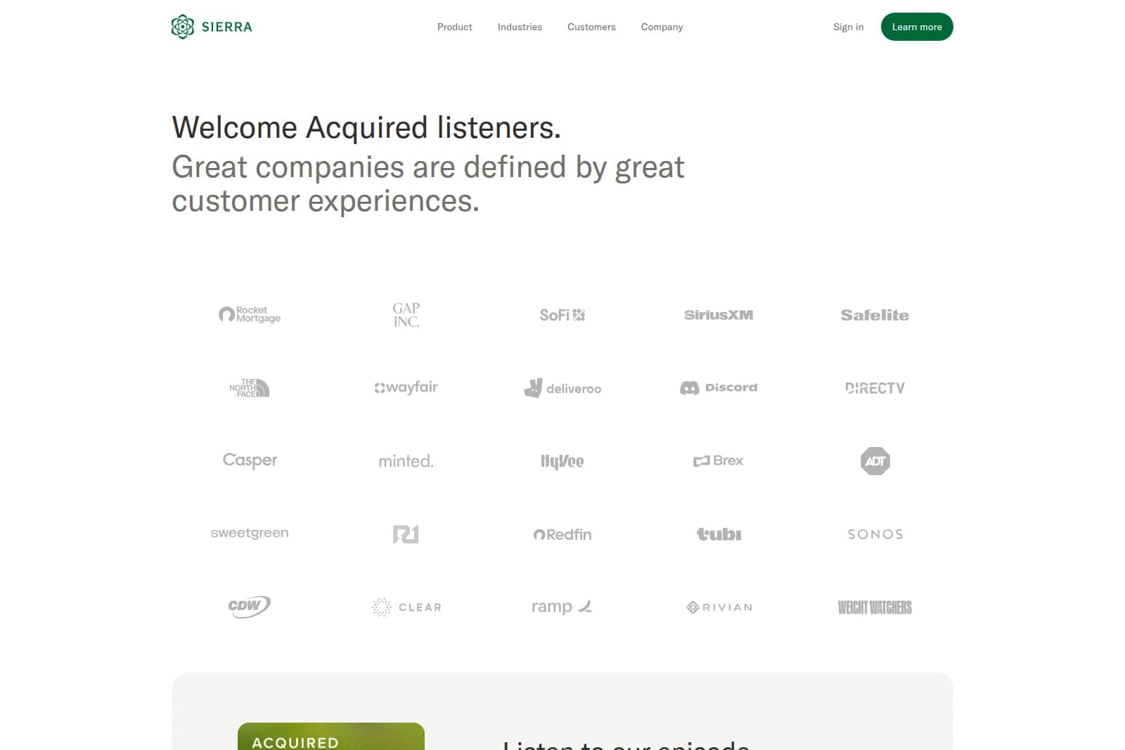 Sierra AI marketing page welcoming Acquired listeners and showcasing customer logos with a clean, minimalist design.