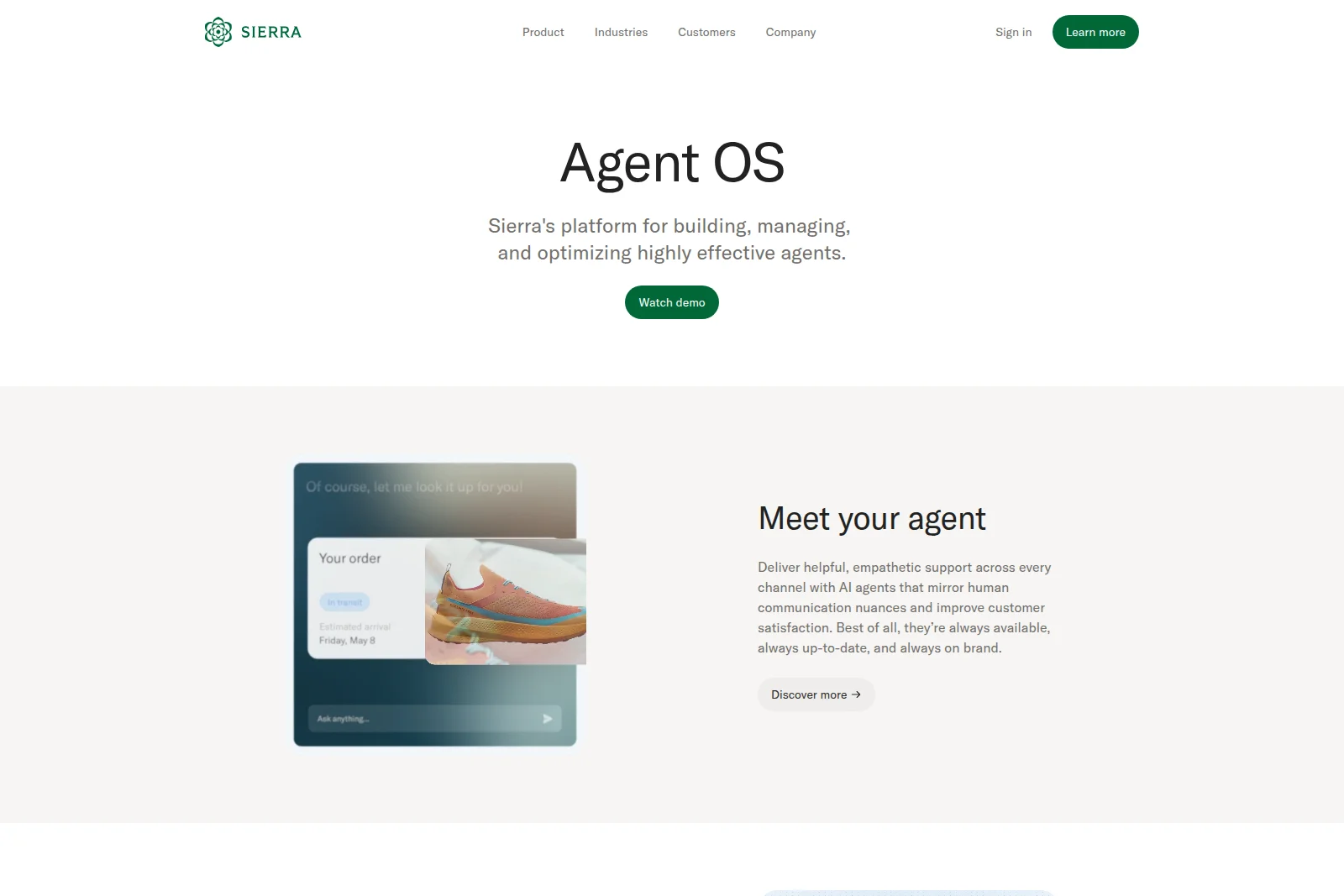 Sierra AI homepage for Agent OS, featuring an AI agent displaying order details for a shoe in a modern chat interface.
