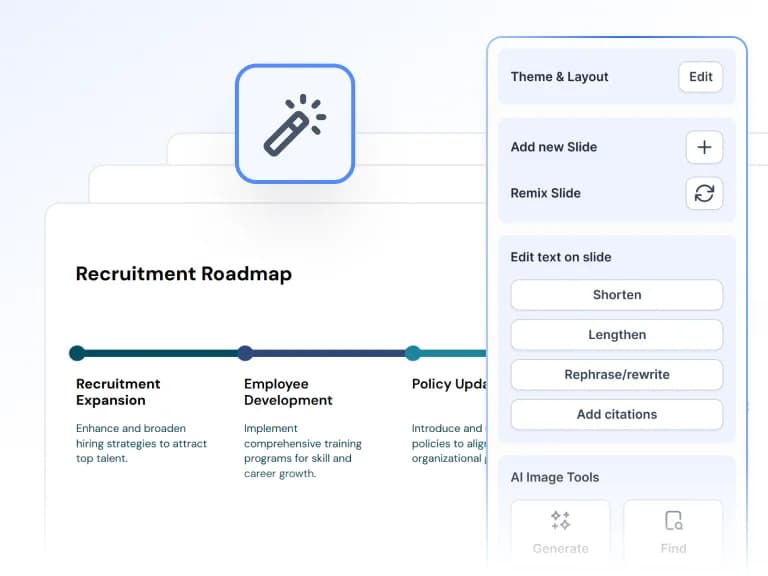 SlidesAI presentation editor showing AI tools to shorten, lengthen, rephrase text, and generate images within a clean, modern UI.