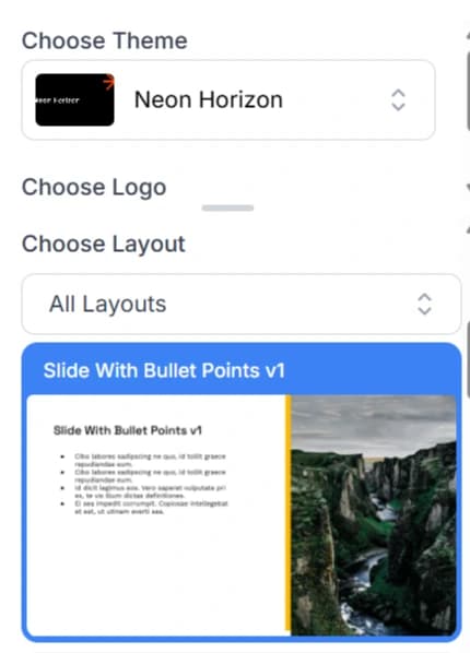 SlidesAI layout selection showing 'Slide With Bullet Points' preview with text and a striking canyon photograph in a clean UI.