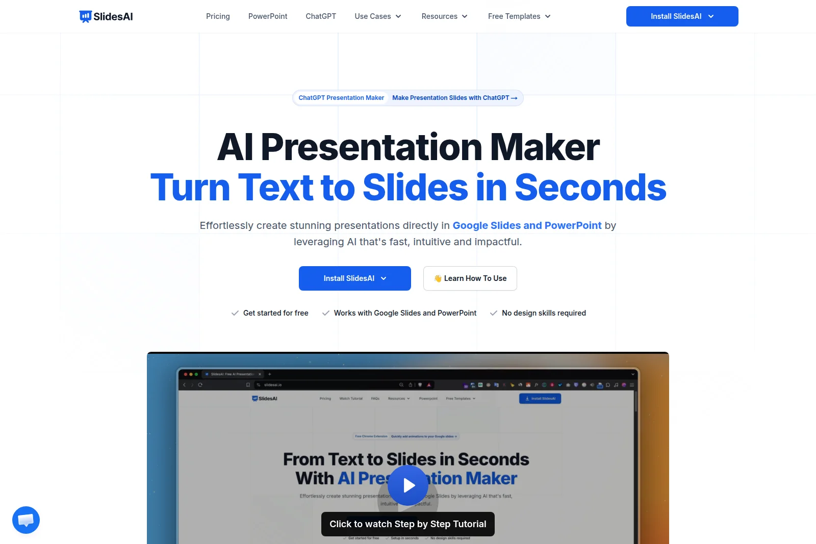 SlidesAI homepage hero section highlighting the AI presentation maker with a clean, modern design and embedded tutorial video.