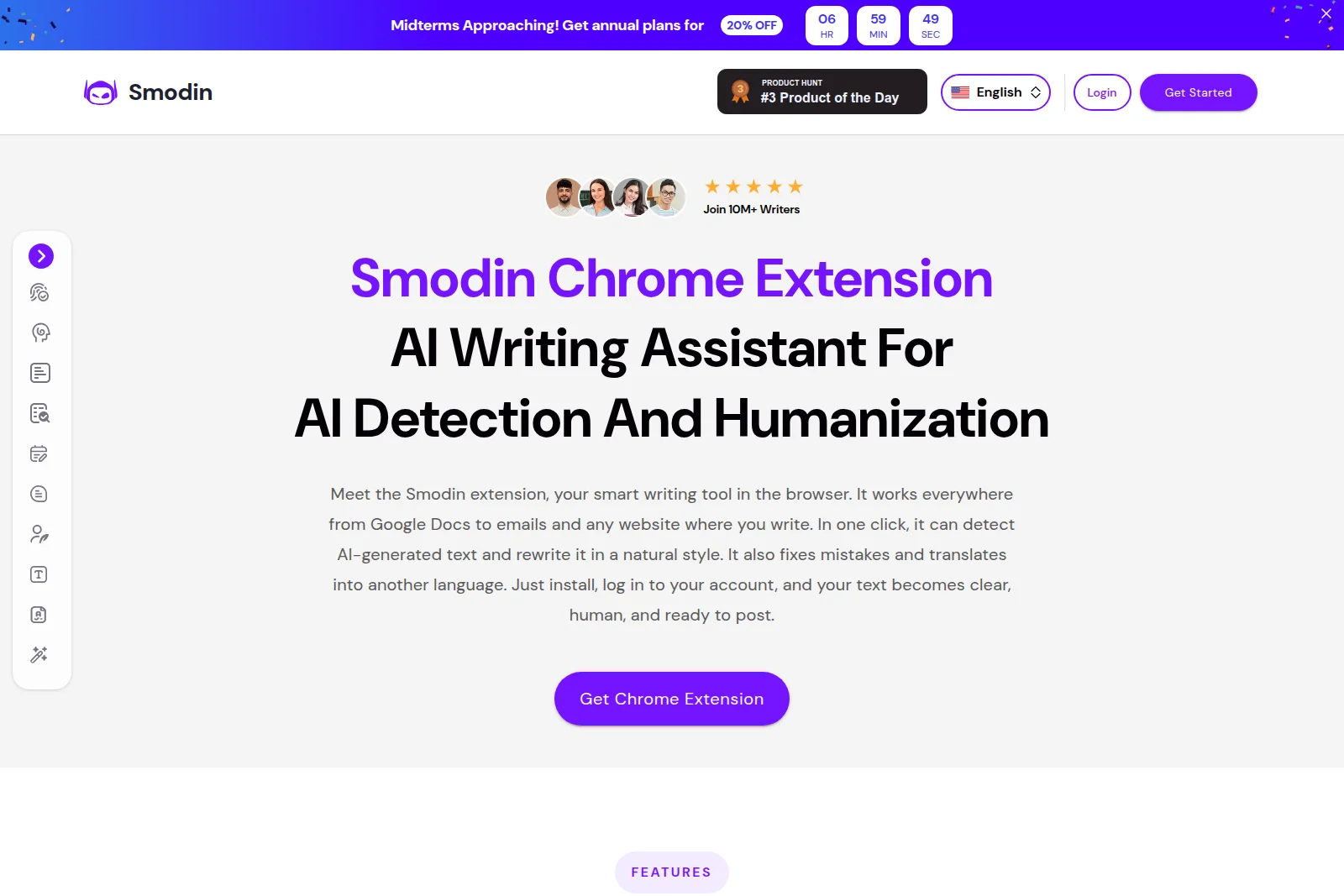 Smodin landing page showcasing its Chrome Extension as an AI writing assistant for AI detection and text humanization with a clean UI.