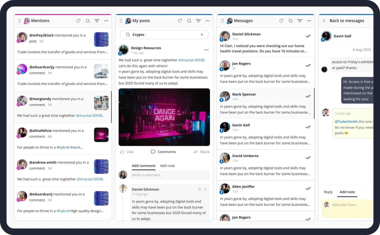SocialBee workspace showing social media mentions, posts, and direct messaging features in a multi-column UI.