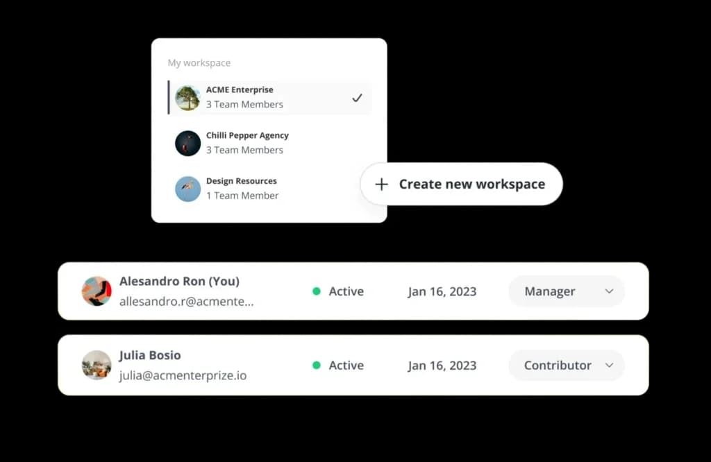 SocialBee workspace UI showing team and workspace management with a clean, modern interface.