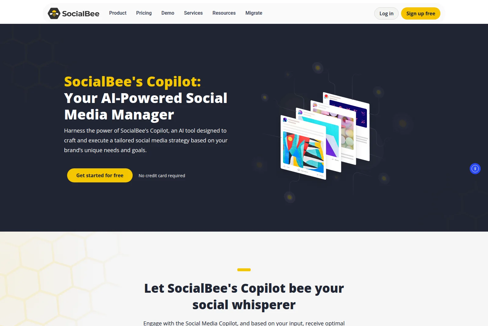 SocialBee Copilot landing hero showcasing AI-powered social media management with stacked post mockups on a dark-themed interface.