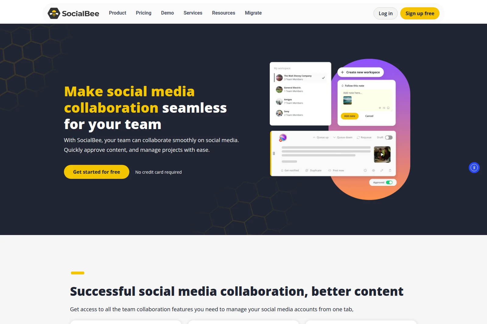SocialBee landing page showing social media collaboration workspace with a dark-themed modern interface.