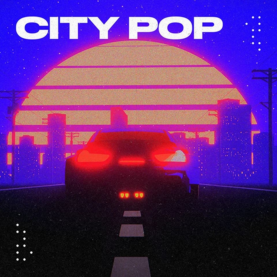 Soundraw landing-hero depicting a retro-futuristic city pop scene with a car and stylized sunset.