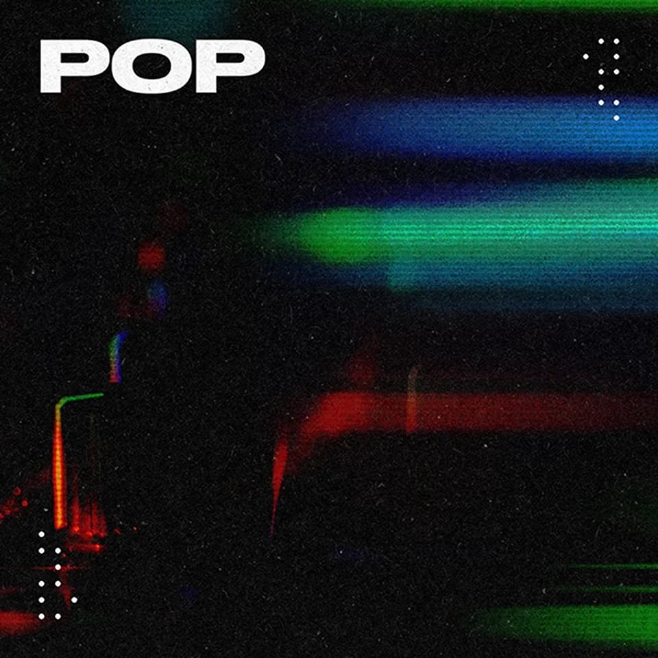 Soundraw landing-hero showing an abstract pop music graphic with colorful light streaks and the text 'POP' on a dark, grainy background.