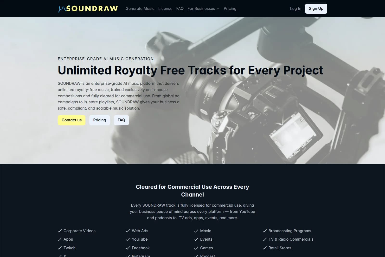Soundraw landing page promoting unlimited royalty-free AI music for commercial use with a modern design.