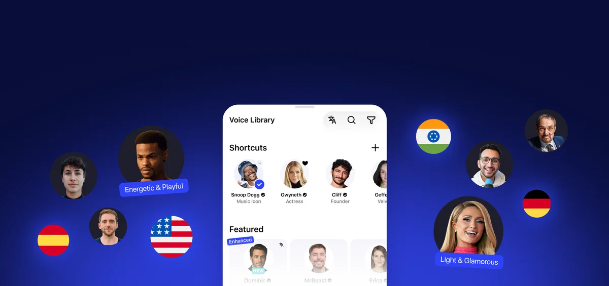 Speechify Voice Library showing AI voices, including Snoop Dogg and Gwyneth, with language options and a clean user interface.