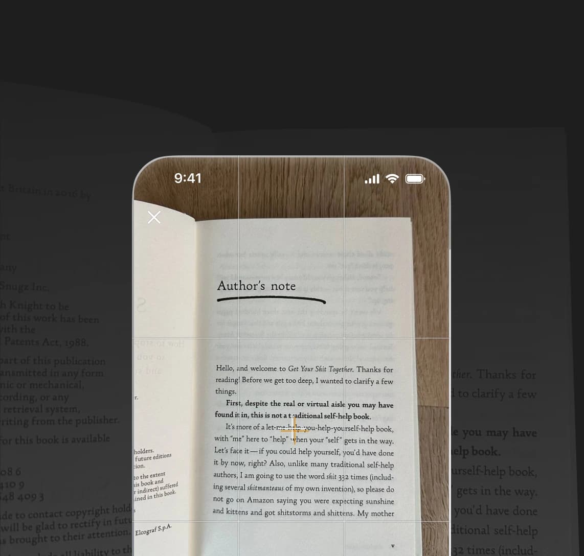 Speechify app displaying a physical book page with highlighted text, showing the document scanning feature in action.