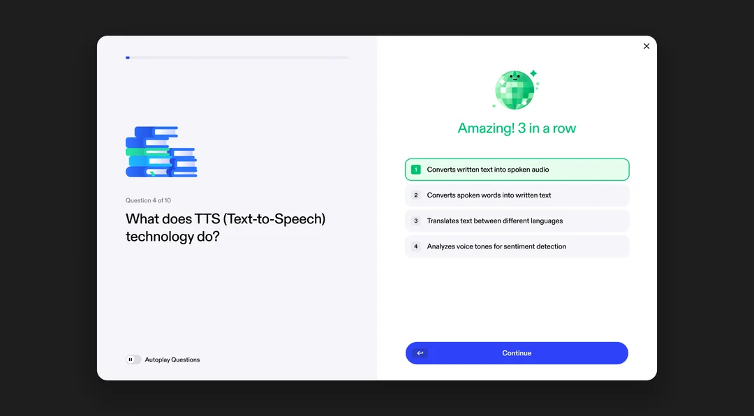 Speechify workspace showing an interactive quiz about Text-to-Speech technology with a clean light-mode interface.